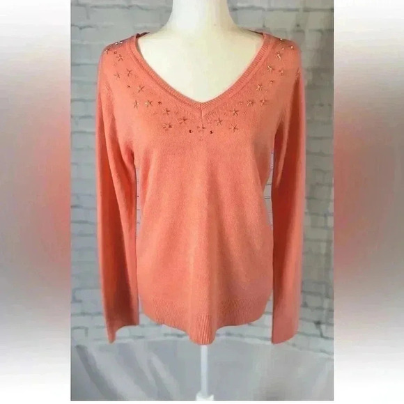 Basic Editions Women's V Neck Beaded Orange Melon Fine Knit Sweater Size M - Picture 1 of 13